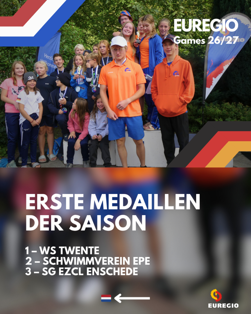 EUREGIO Games 2026 2027 Saisonstart Teilnehmende des Internationalen Einladungsschwimmens 2026 bei der Siegerehrung im Bültenfreibad in Gronau-Epe