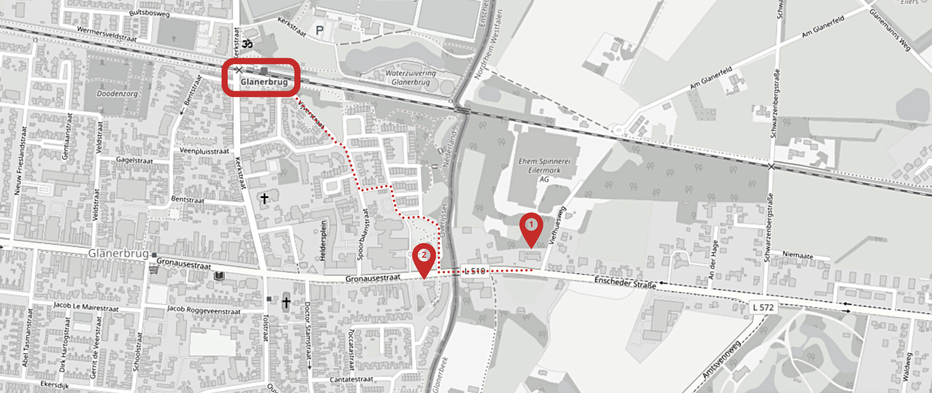 Standorte der EUREGIO: (1) Geschäftsstelle, (2) Tagungszentrum Terhaar sive Droste, (rot umrandet) Haltestelle Glanerbrug, (gepunktete Linie) Fußweg