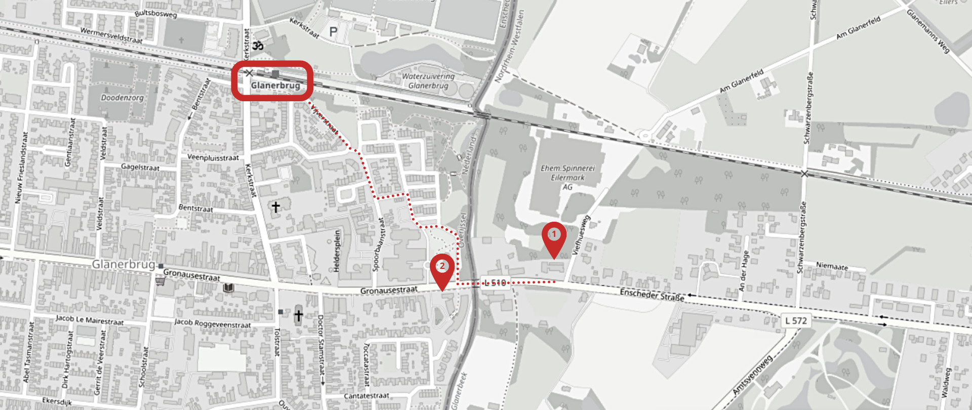 Locaties EUREGIO: (1) Secretariaat, (2) Vergadercentrum Terhaar sive Droste, (rood omlijnd) station Glanerbrug, (gestippelde lijn) voetpad