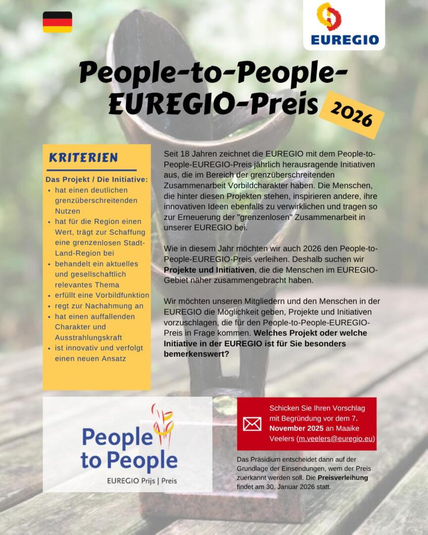 People-to-People-EUREGIO-Preis 2026 für „grenzenlose“ Projekte