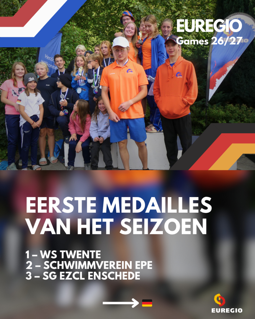 Deelnemers aan de internationale zwemwedstrijd 2026 tijdens de prijsuitreiking in het Bültenfreibad in Gronau-Epe